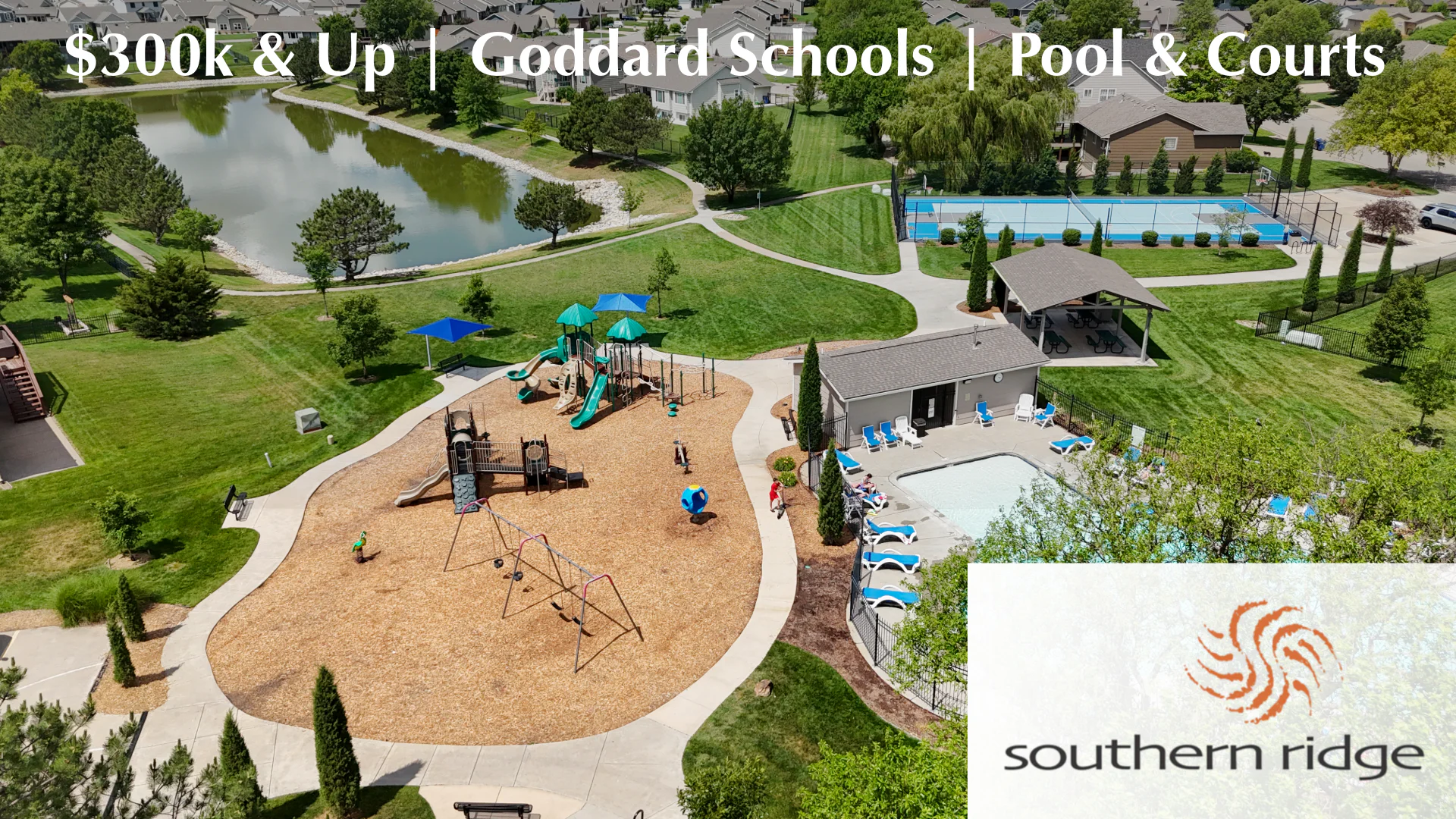 Southern Ridge New Homes in Southwest Wichita featuring pool, playground, outdoor sports, walking trails, and within the Goddard schools.