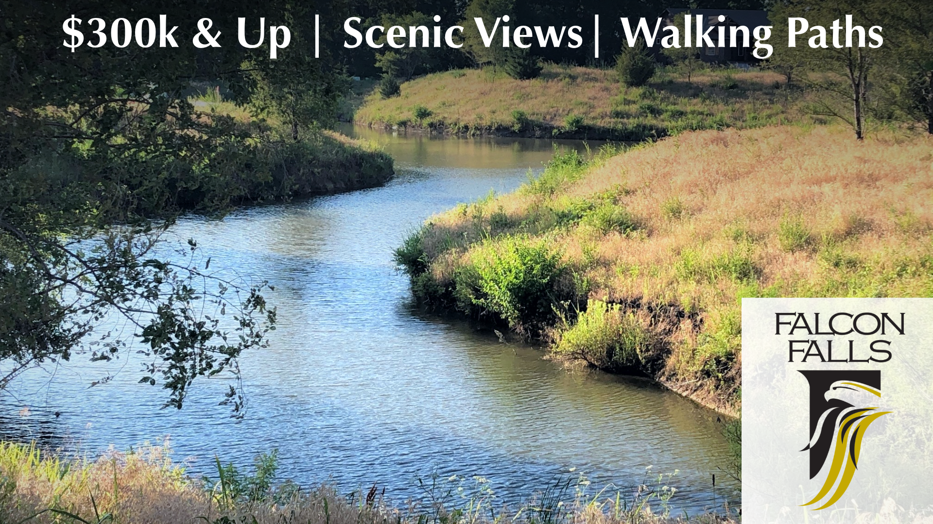 Falcon Falls Wichita community with affordable homes around $300K, scenic walking paths, pool, and playground.