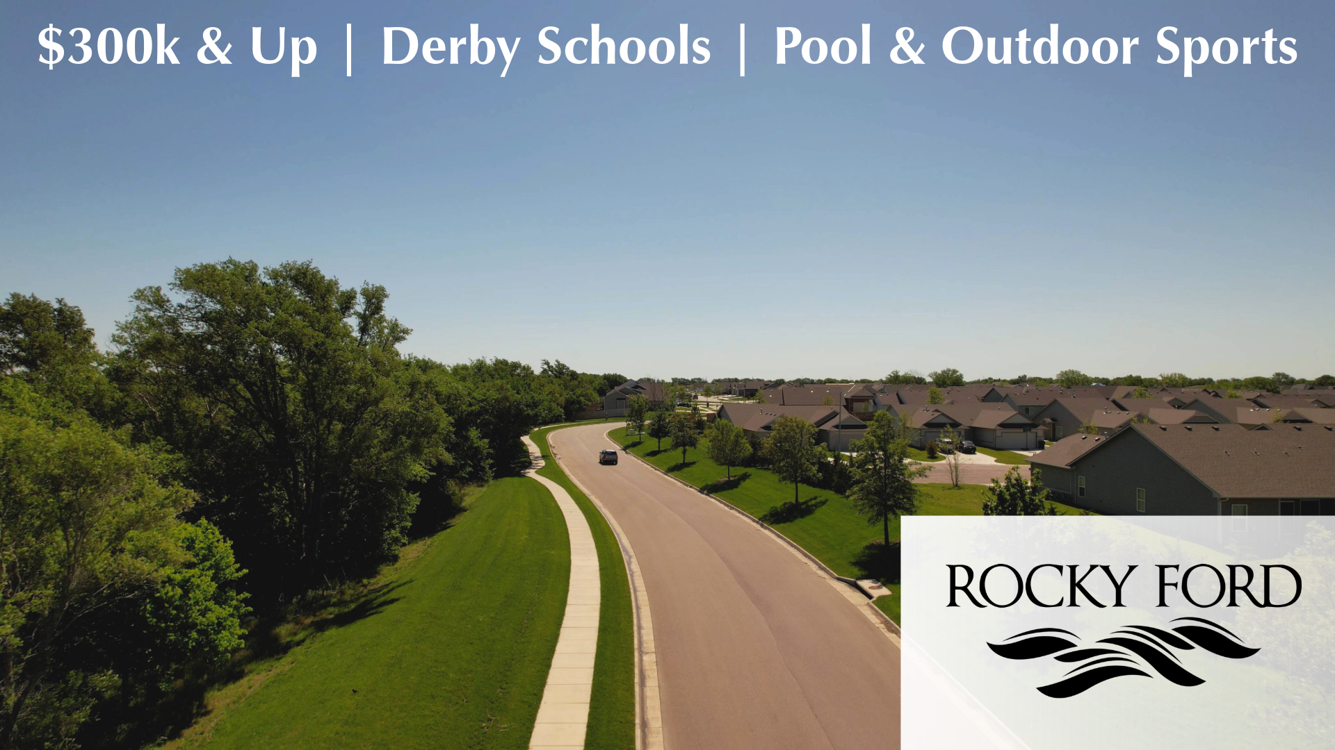 Rocky Ford Wichita neighborhood by McConnell AFB offering modern homes starting at $300K with a community pool, playground, and Derby School District.