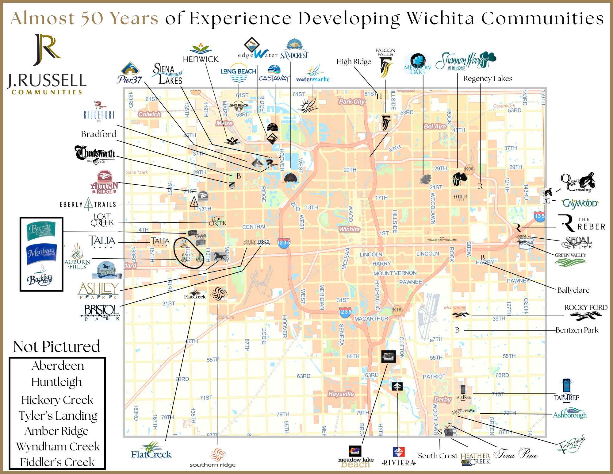 Full map of Wichita neighborhoods and communities developed by J. Russell Communities.