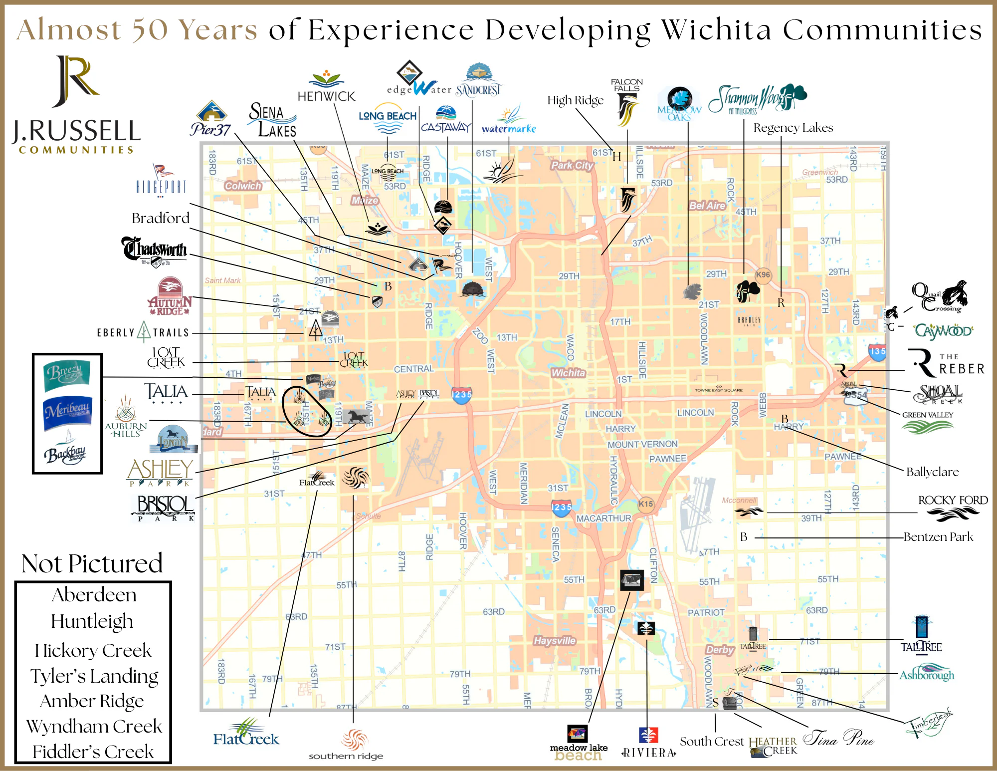 Full map of Wichita neighborhoods and communities developed by J. Russell Communities.