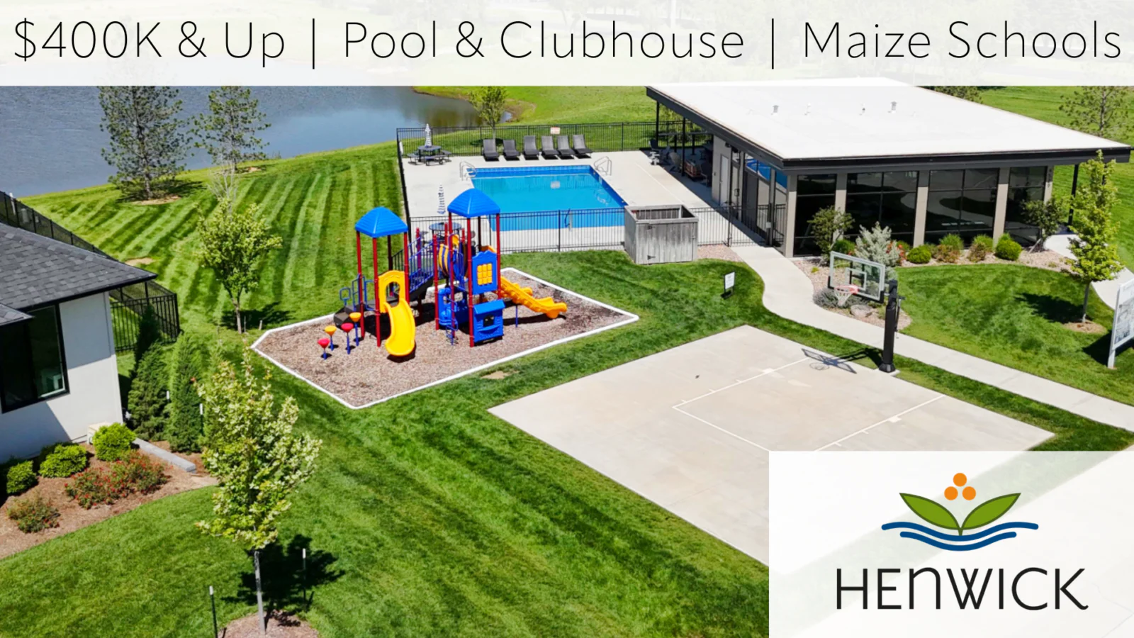 Henwick new homes for sale in Maize, KS, with pool, clubhouse, playground, and sports.