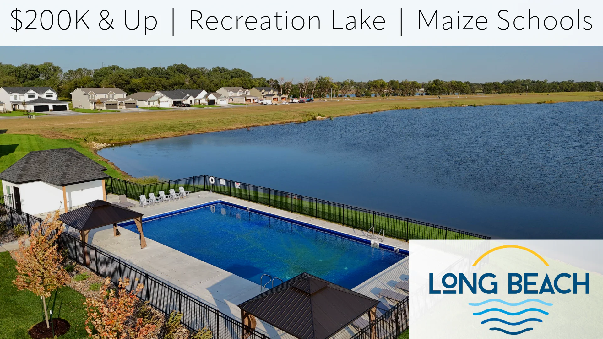 Long Beach new homes for sale in Maize, KS, with large lake, pool, and affordable homes