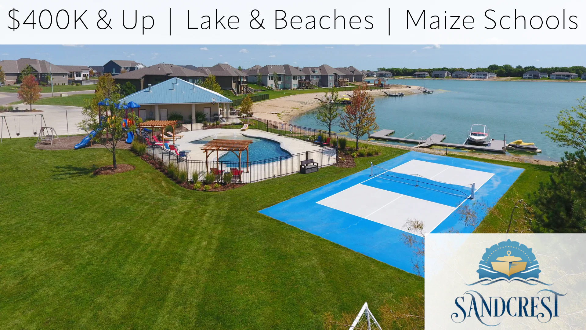 Sandcrest new homes for sale in Wichita, KS, with private beaches, lake, clubhouse, and pool.